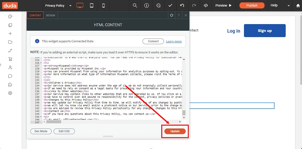 TermsFeed Duda: Privacy Policy - Widgets - HTML - added - Update button highlighted