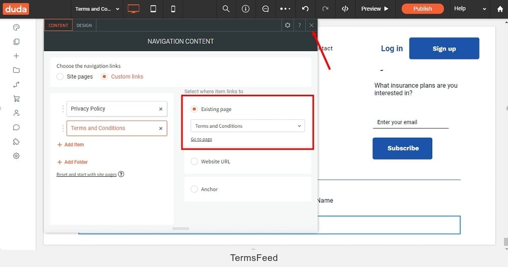 TermsFeed Duda: Widgets - Navigation Links - Custom - Existing page - Terms and Conditions - setted highlighted