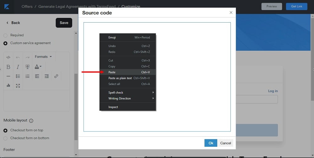 TermsFeed Kajabi: Additional settings - Service agreement - Custom - Source code with Paste option selected