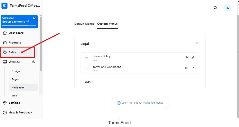 TermsFeed Kajabi: Dashboard - Navigation - Custom menus - Sales selected