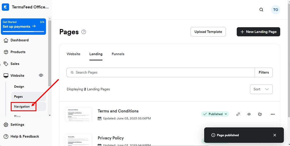 TermsFeed Kajabi: Dashboard - Website - Navigation selected