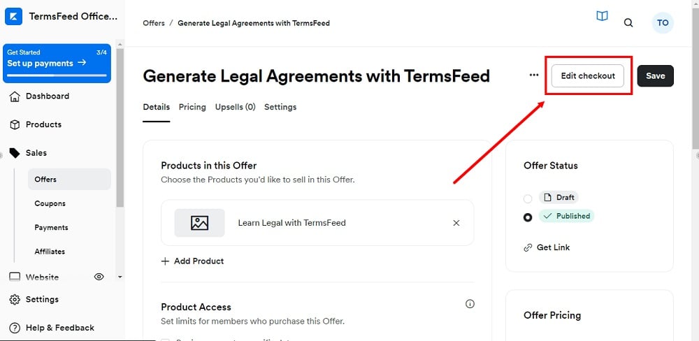 TermsFeed Kajabi: Dashboard - Sales - Offer - Edit Checkout selected