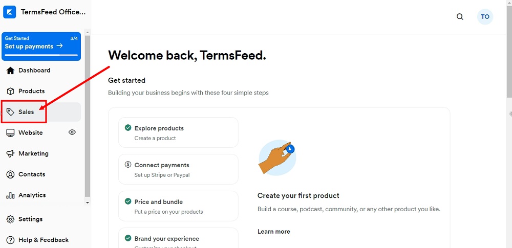 TermsFeed Kajabi: Dashboard - Sales selected