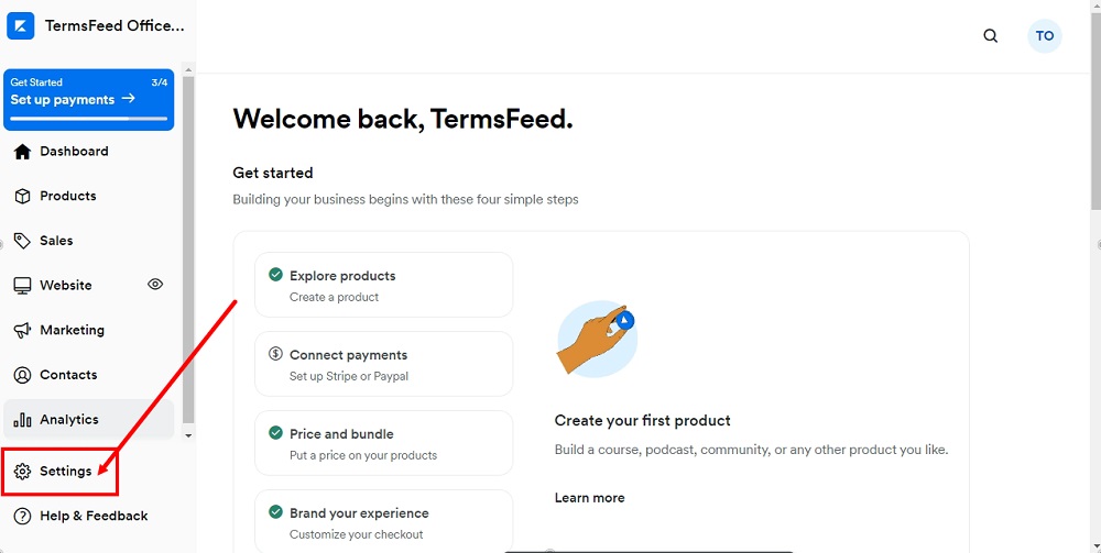 TermsFeed Kajabi: Dashboard - Settings highlighted