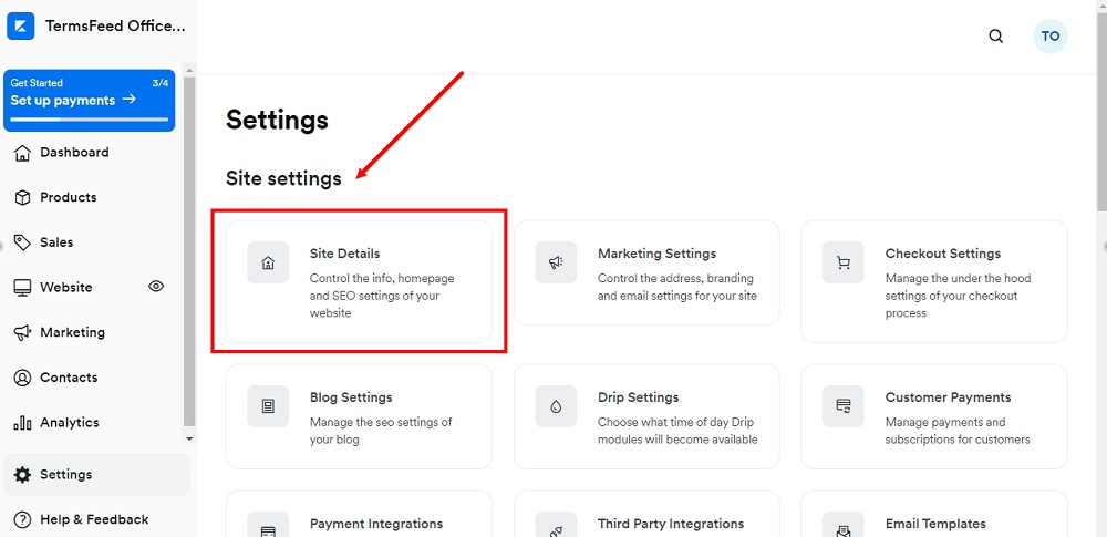 TermsFeed Kajabi: Dashboard - Settings - Site Details highlighted