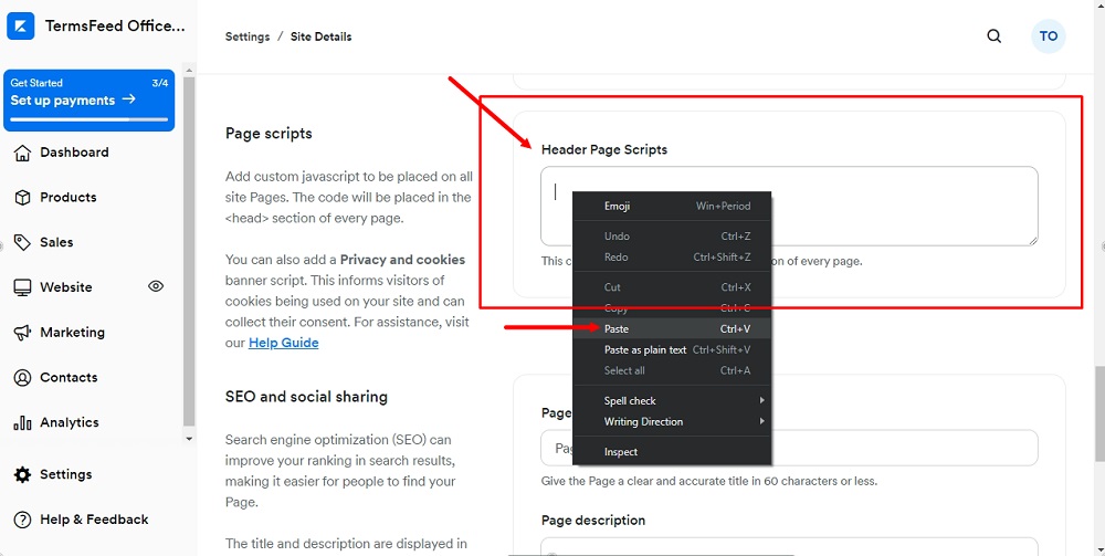 TermsFeed Kajabi: Dashboard - Settings - Site Details - Page Scripts - Header - Paste highlighted