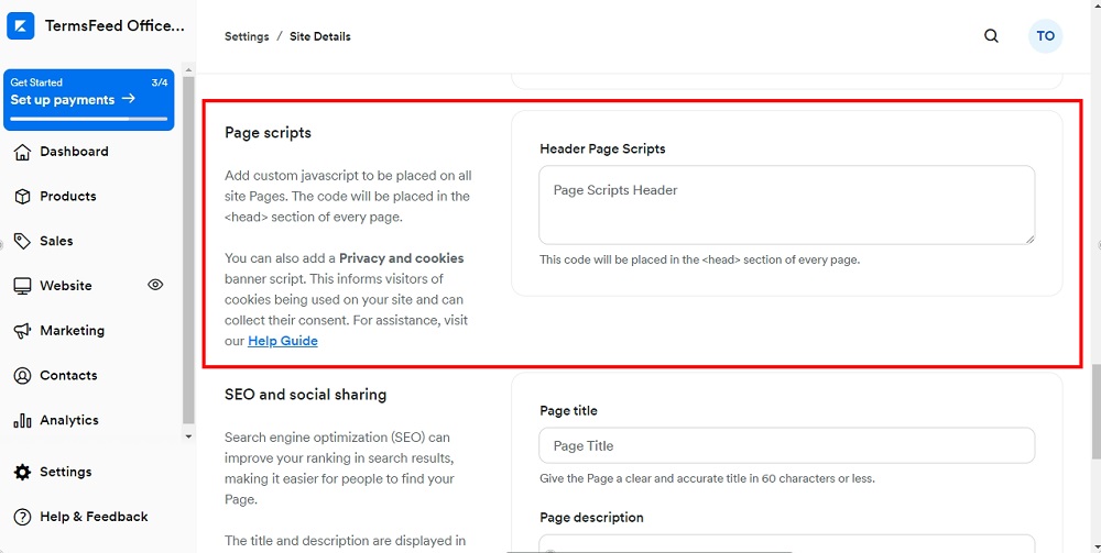 TermsFeed Kajabi: Dashboard - Settings - Site Details - Page Scripts highlighted