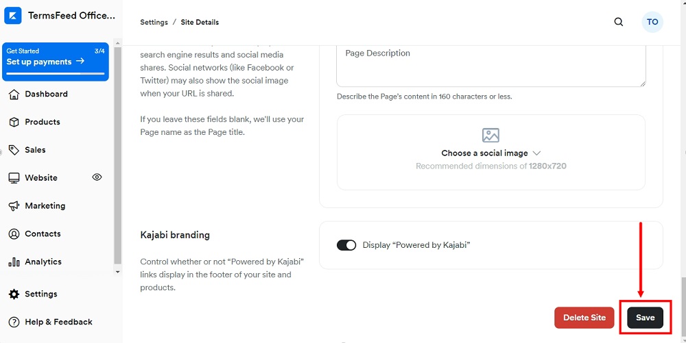 TermsFeed Kajabi: Dashboard - Settings - Site Details - Page Scripts - Save  highlighted