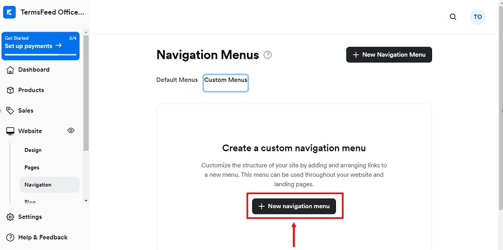 TermsFeed Kajabi: Dashboard - Website - Navigation - Custom Menus - Add New menu selected