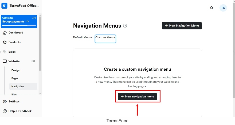 TermsFeed Kajabi: Dashboard - Website - Navigation - Custom Menus - Add New menu selected