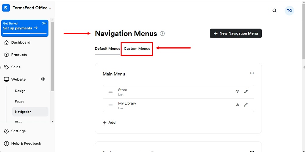 TermsFeed Kajabi: Dashboard - Website - Navigation - Custom Menus selected