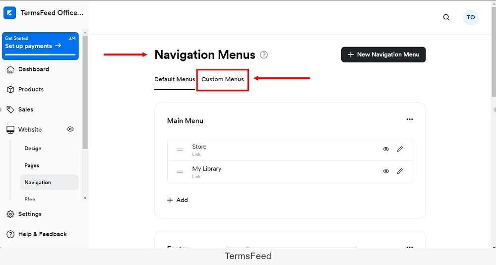 TermsFeed Kajabi: Dashboard - Website - Navigation - Custom Menus selected