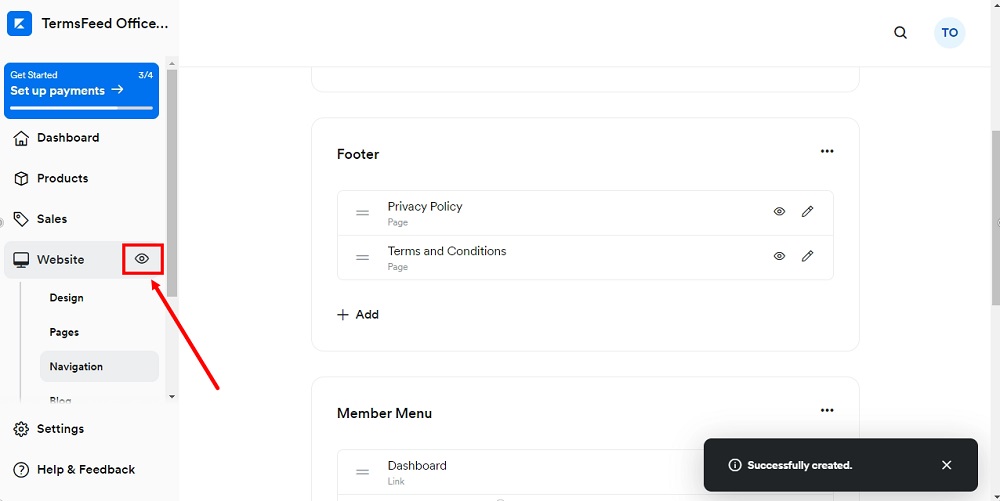 TermsFeed Kajabi: Dashboard - Website - Navigation menu - Eye icon highlighted