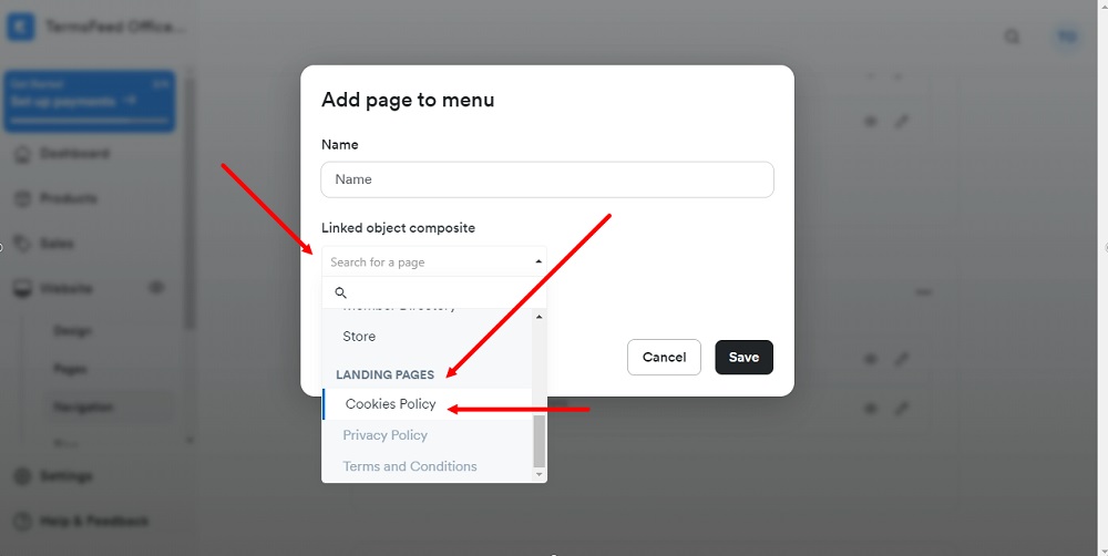 TermsFeed Kajabi: Dashboard - Website - Navigation menu - Footer - Add Page to menu - Search Cookies Policy selected