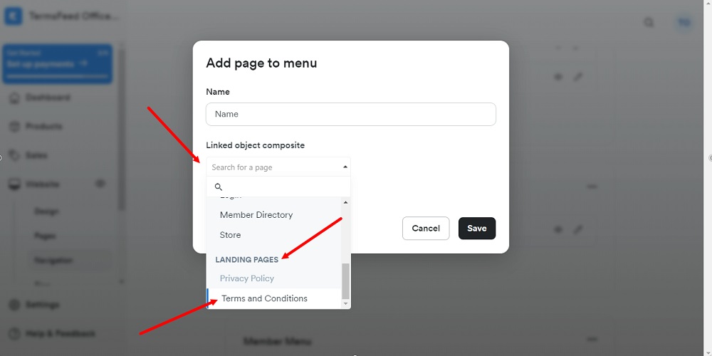 TermsFeed Kajabi: Dashboard - Website - Navigation menu - Footer - Add Page to menu - Search Terms and Conditions selected