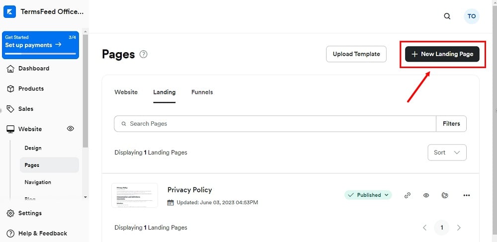 TermsFeed Kajabi: Dashboard - Website - Pages - Landing  - Add new landing page