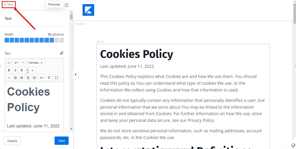 TermsFeed Kajabi: Landing  - Policies - Cookies Policy - Builder - Back option selected