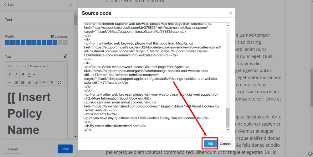TermsFeed Kajabi: Landing  - Policies - Cookies Policy - Builder - Text - Code - Source - OK - selected