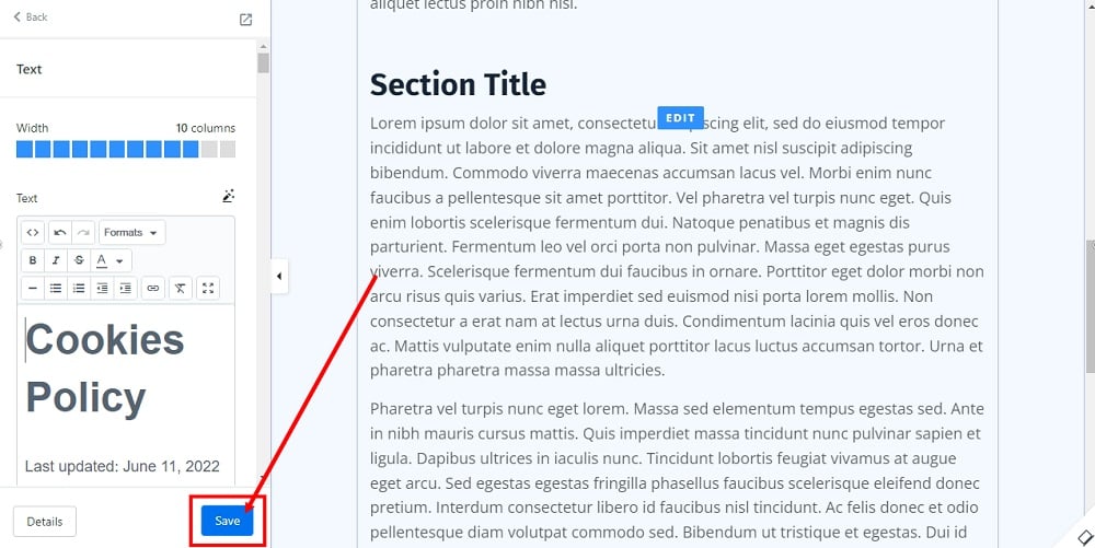 TermsFeed Kajabi: Landing  - Policies - Cookies Policy - Builder - Text -  Save selected