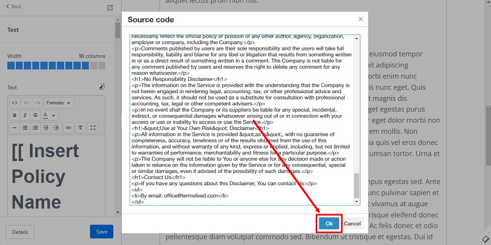 TermsFeed Kajabi: Landing  - Policies - Disclaimer - Builder - Text - Code - Source - OK - selected