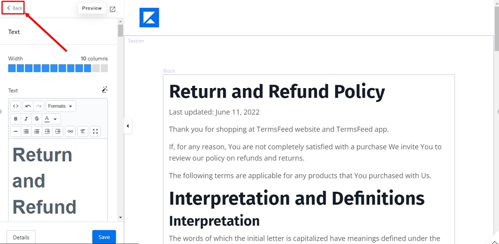 TermsFeed Kajabi: Landing  - Policies - Return and Refund Policy - Builder - Back option selected