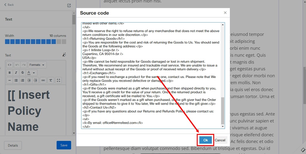 TermsFeed Kajabi: Landing  - Policies - Return and Refund Policy - Builder - Text - Code - Source - OK - selected
