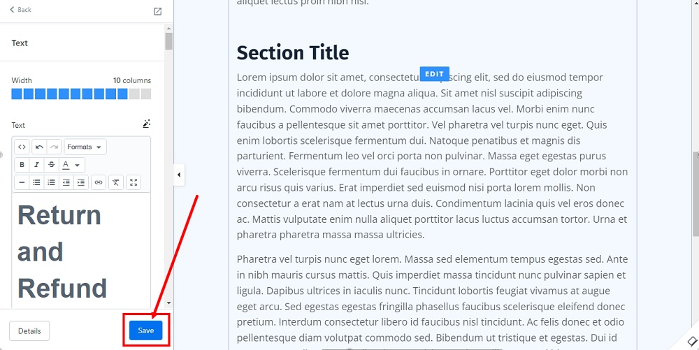 TermsFeed Kajabi: Landing  - Policies - Return and Refund Policy - Builder - Text -  Save selected