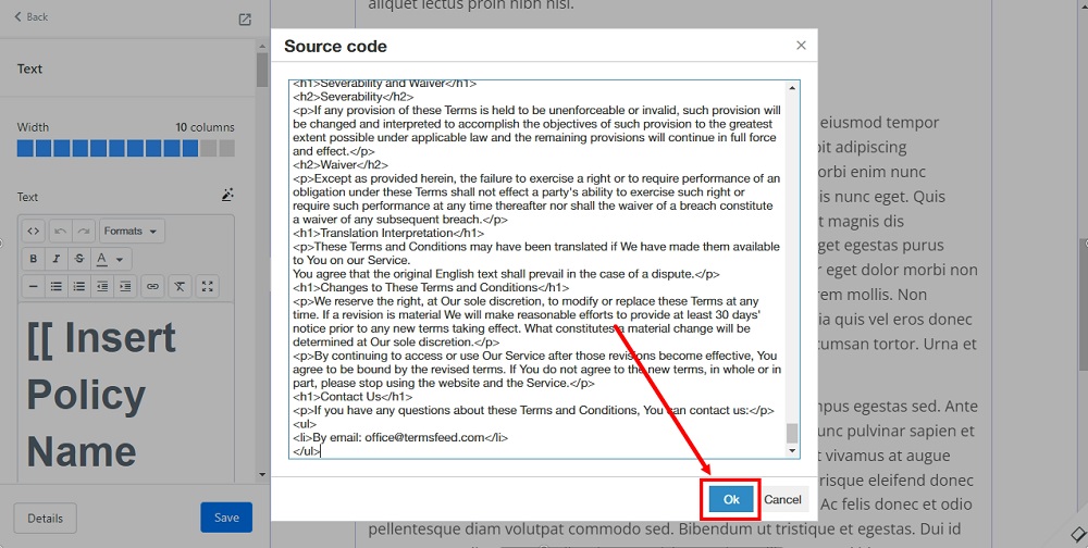 TermsFeed Kajabi: Landing  - Policies - Terms and Conditions - Builder - Text - Code - Source - OK - selected