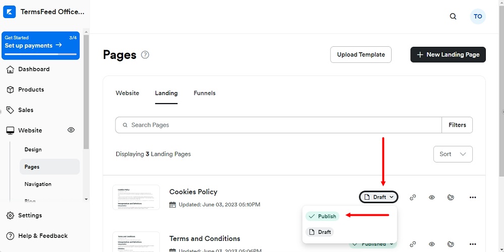 TermsFeed Kajabi: Landing page editor - Cookies Policy - Draft state changed to Publish selected