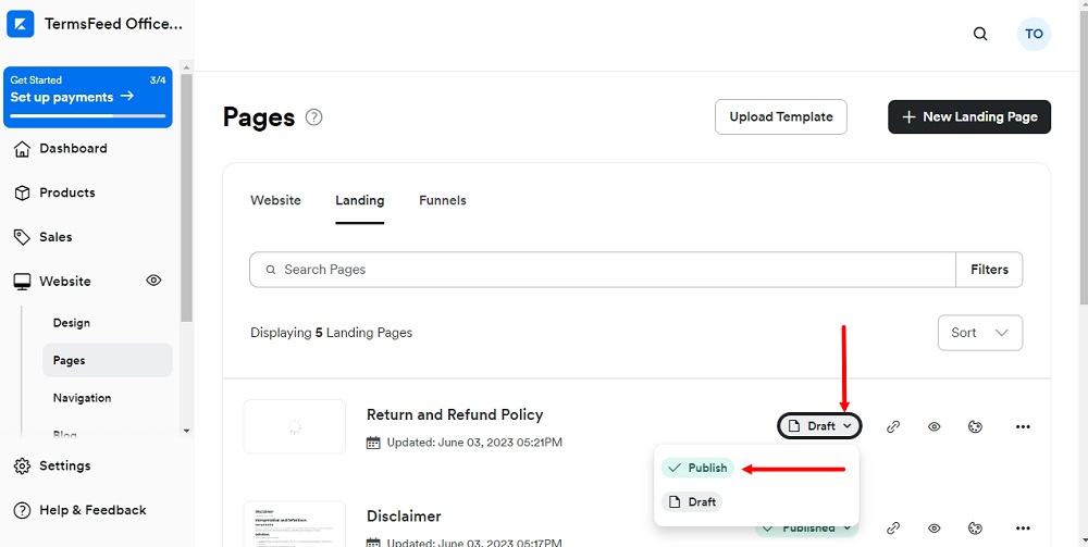 TermsFeed Kajabi: Landing page editor - Return and Refund Policy - General - Page visibility - Publish selected