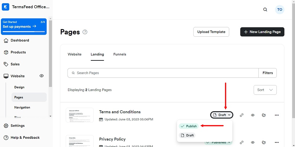 TermsFeed Kajabi: Landing page editor - Terms and Conditions - Draft state changed to Publish selected