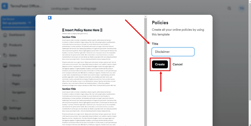 TermsFeed Kajabi: Landing  - Policies - Disclaimer - Create selected