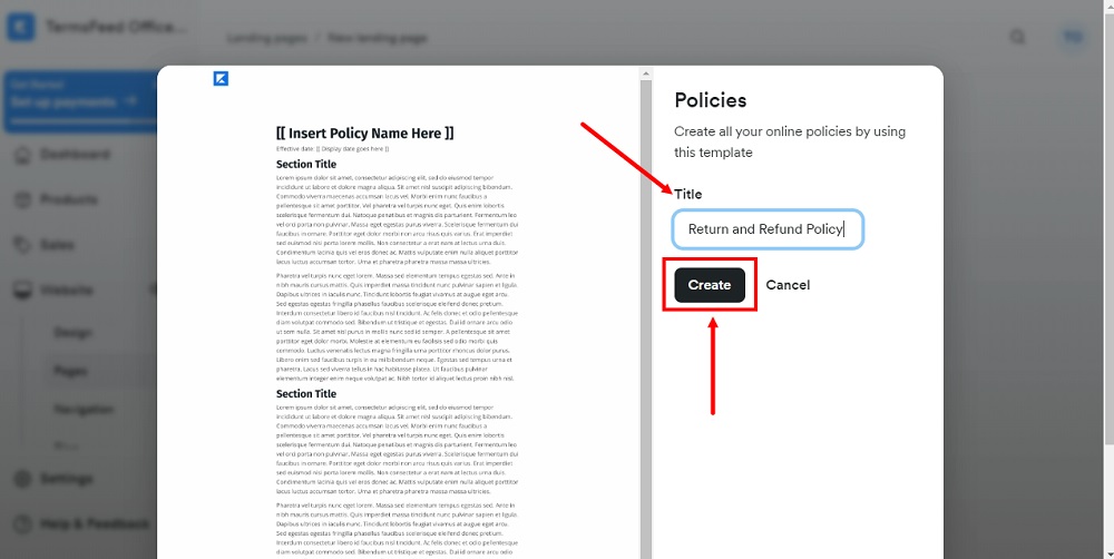 TermsFeed Kajabi: Landing  - Policies - Return and Refund Policy - Create selected