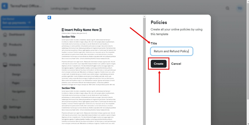 TermsFeed Kajabi: Landing  - Policies - Return and Refund Policy - Create selected