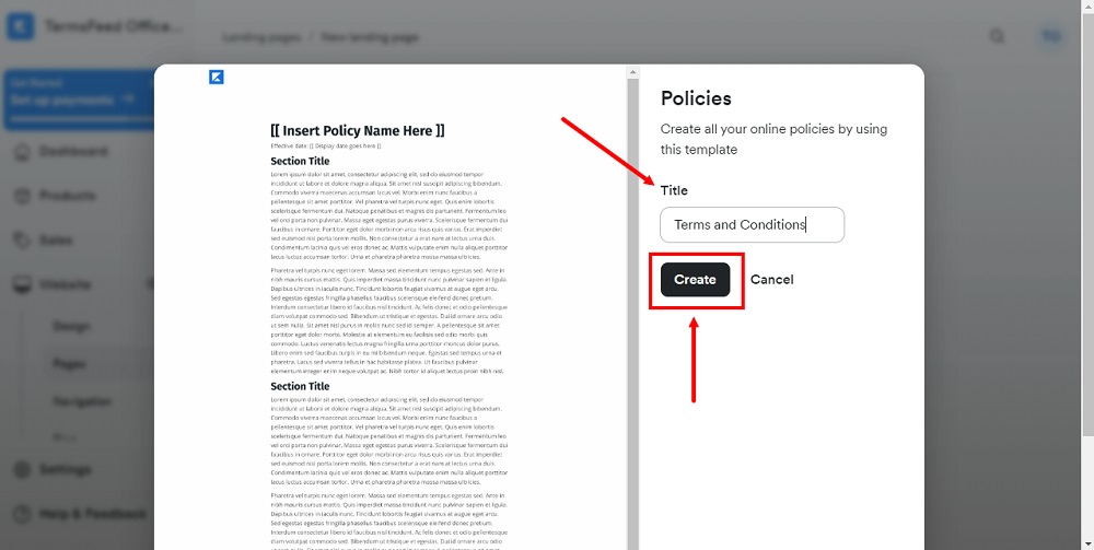 TermsFeed Kajabi: Landing  - Policies - Terms and Conditions - Create selected