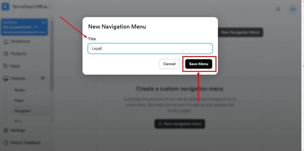 TermsFeed Kajabi: Navigation - Custom Menus - Add New menu - Name Legal and Save Menu highlighted