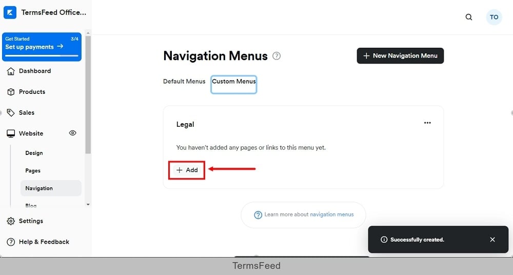 TermsFeed Kajabi: Navigation - Custom Menus - Legal - Add highlighted