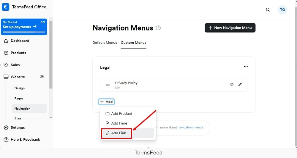 TermsFeed Kajabi: Navigation - Custom Menus - Legal - Add Link highlighted