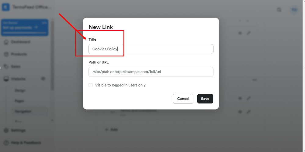 TermsFeed Kajabi: Navigation - Footer - Add New Link - Cookies Policy Title added