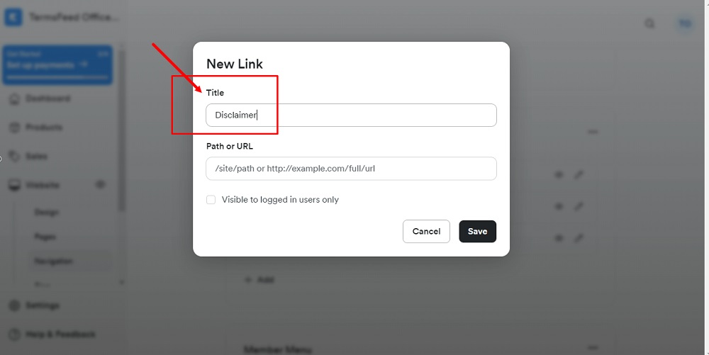 TermsFeed Kajabi: Navigation - Footer - Add New Link - Disclaimer Title added
