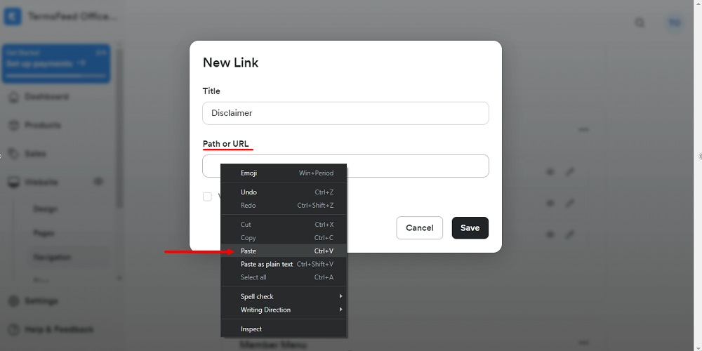 TermsFeed Kajabi: Navigation - Footer - Add New Link - Disclaimer Title added - Path or URL paste option highlighted