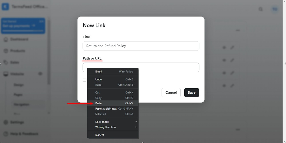 TermsFeed Kajabi: Navigation - Footer - Add New Link - Return and Refund Policy Title added - Path or URL paste option highlighted