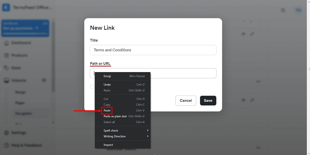 TermsFeed Kajabi: Navigation - Footer - Add New Link - Terms and Conditions Title added - Path or URL paste option highlighted