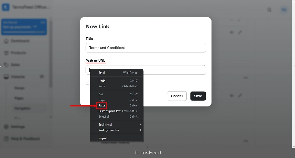 TermsFeed Kajabi: Navigation - Footer - Add New Link - Terms and Conditions Title added - Path or URL paste option highlighted