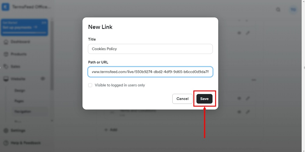 TermsFeed Kajabi: Navigation - Footer - New Link - Cookies Policy URL added - Save  highlighted