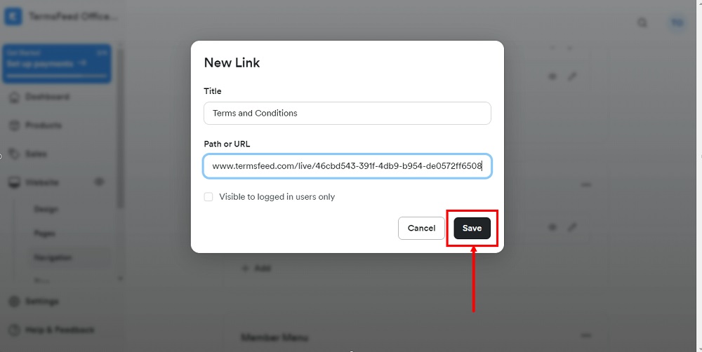 TermsFeed Kajabi: Navigation - Footer - New Link - Terms and Conditions URL added - Save  highlighted