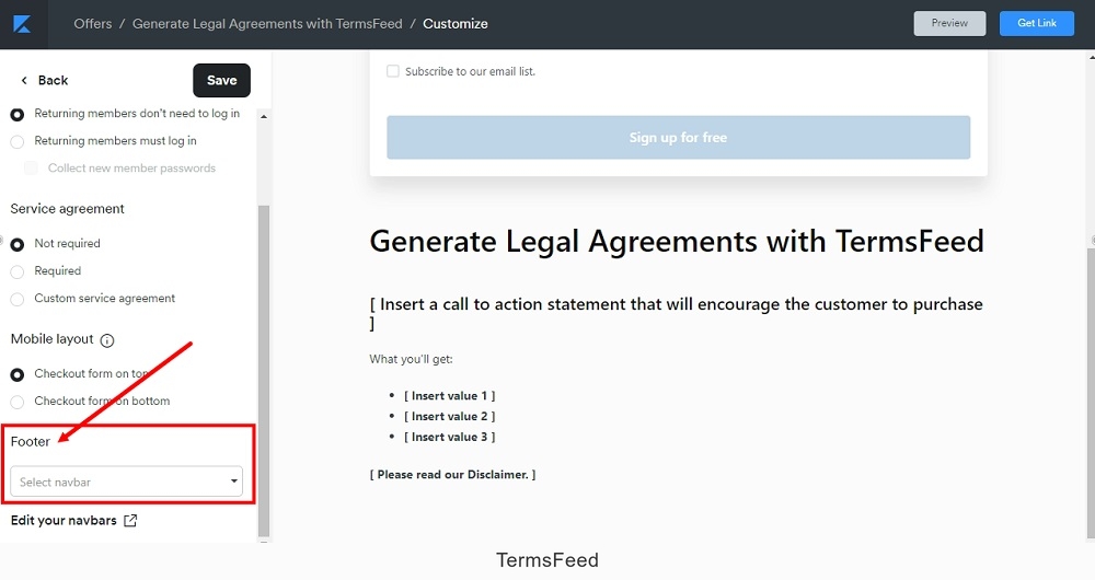 TermsFeed Kajabi: Offer - Edit Checkout - Additional settings - Footer highlighted