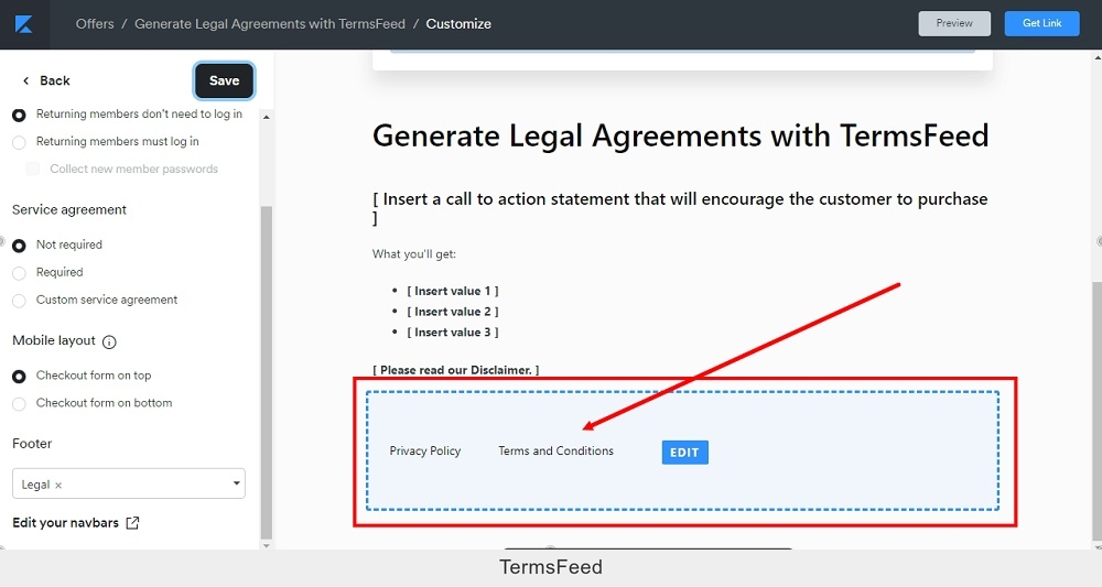 TermsFeed Kajabi: Offer - Edit Checkout - Additional settings - Footer - Navbar Legal added - in editor highlighted
