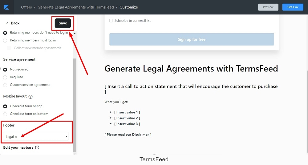 TermsFeed Kajabi: Offer - Edit Checkout - Additional settings - Footer - Navbar Legal added - Save highlighted