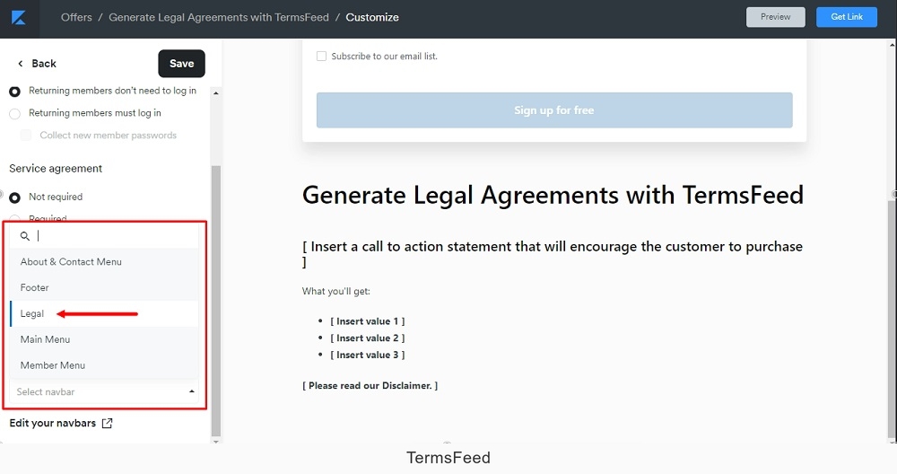 TermsFeed Kajabi: Offer - Edit Checkout - Additional settings - Footer - Navbar Legal selected highlighted